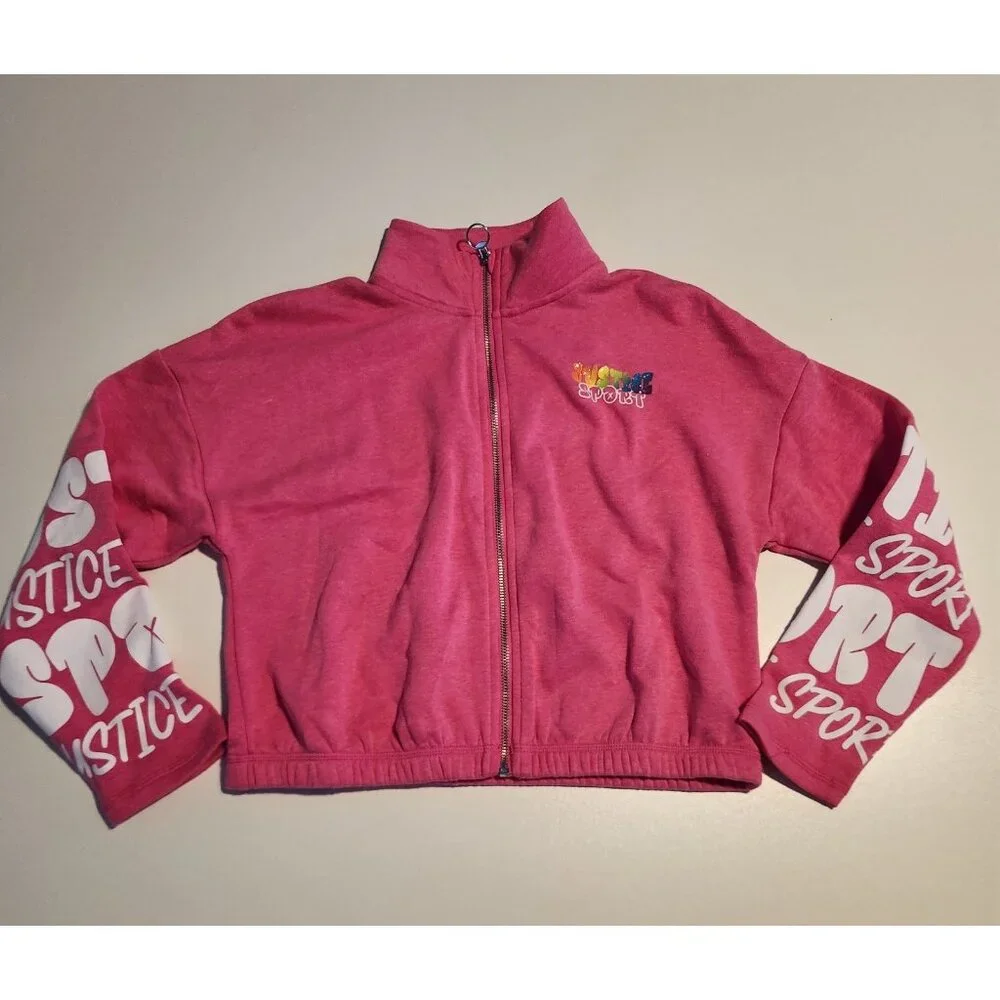 Justice Sport Girls Pink Zip Up Sweatshirt Sweat Shirt Rainbow‎ Logo NEW NWT